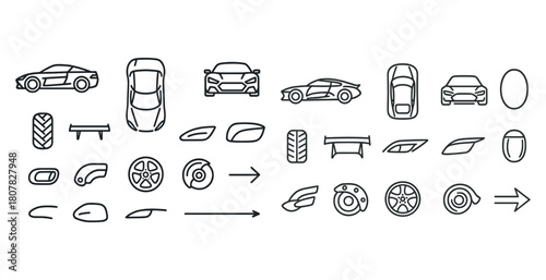 Car design elements: icons of sports cars, wheels, and accessories