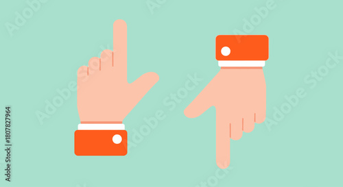 A flat design vector illustration showing two cartoon hands with index fingers pointing up and down, representing gestures for direction, choice, or interaction