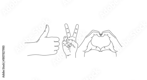 A collection of positive hand gestures in a simple line art style, featuring a thumbs up for like, a peace sign, and hands forming a heart for love