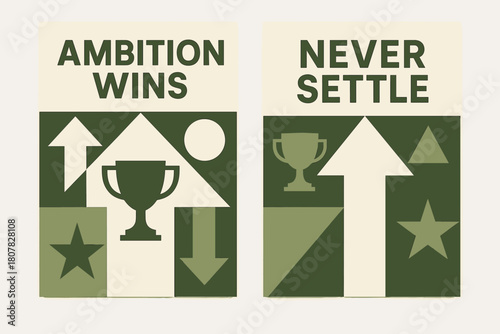 Ambition and Success. Ambition wins. Two vertical A6 banners with safe margins, centered composition, no elements touching edges, geometric, olive green and
