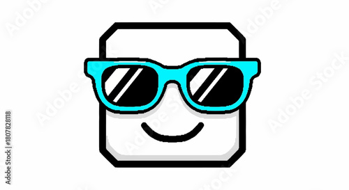 Vector graphic of a simple geometric character with a happy expression and stylish blue sunglasses. This isolated icon represents a cool and friendly personality