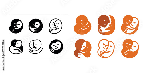 Minimalistic embrace icons - abstract human faces in monochrome and orange designs