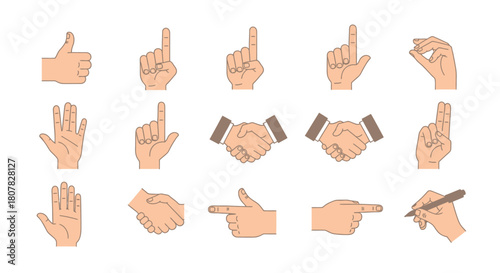 Collection of human hand gestures and signs for communication, including thumbs up, pointing, and shaking hands