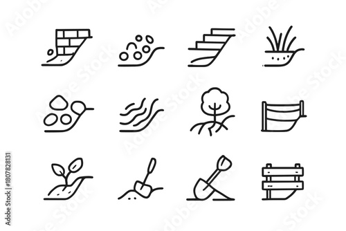 Erosion Control Icons. Erosion control. Line icon set of Erosion control: retaining wall, mulch, terracing, grass, rocks, water flow, tree roots, sandbags,