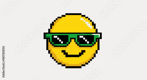 A fun and cool pixelated emoticon wearing green sunglasses, an isolated vector graphic with a retro 8-bit digital art aesthetic
