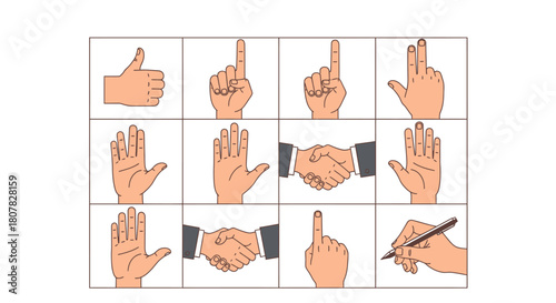 A comprehensive collection of human hand gestures and signs, including thumbs up, pointing, and handshakes. A versatile set of vector illustrations for communication