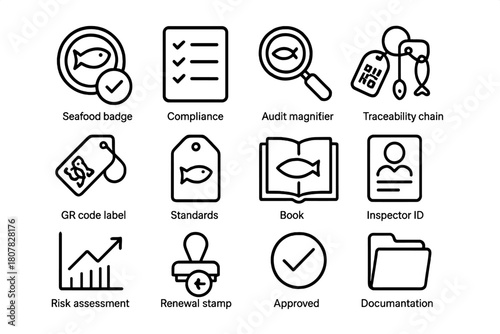 Seafood Certification Icons. Seafood Certification. Line icon set of Seafood Certification: ecolabel badge, compliance checklist, audit magnifier, traceability