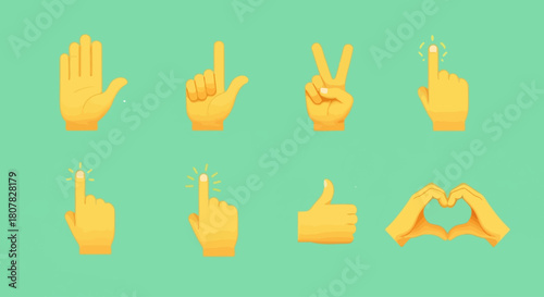 A collection of modern yellow hand gesture icons for digital communication, showing various signs like pointing, peace, thumbs up, and a heart shape