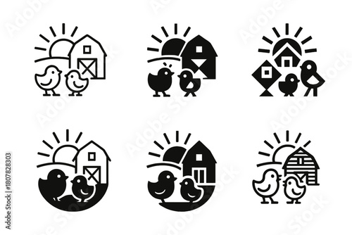 Farm Joy Icons. Joyful scenes at a farm, with baby animals. Icon set. Set Logo of farm joy: baby chicks near a barn with rising sun. harmonious logo variations