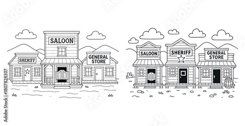 Black and white western town illustration with saloon and sheriff's office