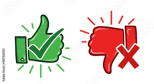 Doodle illustration of green thumbs up and red thumbs down symbols representing approval and disapproval, like and dislike concepts