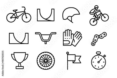 Freestyle BMX Icons. Freestyle BMX. Line icon set of freestyle BMX: BMX bike, halfpipe, helmet, biker mid-air, ramp, handlebars, gloves, chain, trophy, tire,
