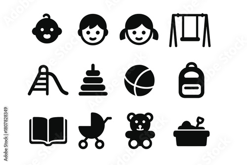 Childhood Fun Icons. Childhood Fun. Solid icon set of Childhood Fun: baby, boy, girl, swing, slide, toy, ball, backpack, school book, stroller, teddy bear,