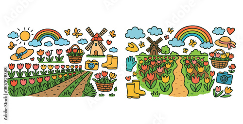 Colorful tulip fields with windmills and rainbows in a sunny landscape