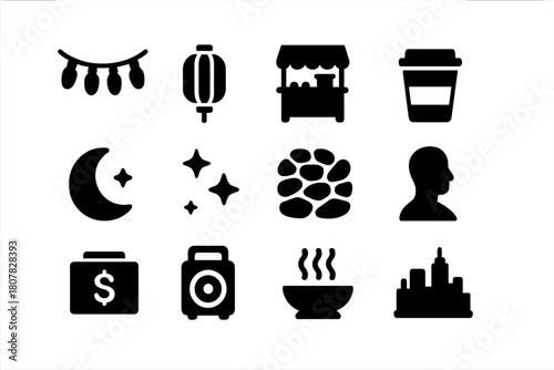 Night Market Icons. Night Market Session. Solid icon set of Night Market Session: string lights, lantern, food stall, coffee cup, crescent moon, stars,