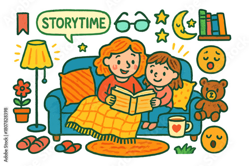 Cozy Storytime Scene. Storytime on the sofa. Colorful Hand-drawn doodle Children illustration Storytime on the sofa open book, blanket, pillows, lamp, glasses,