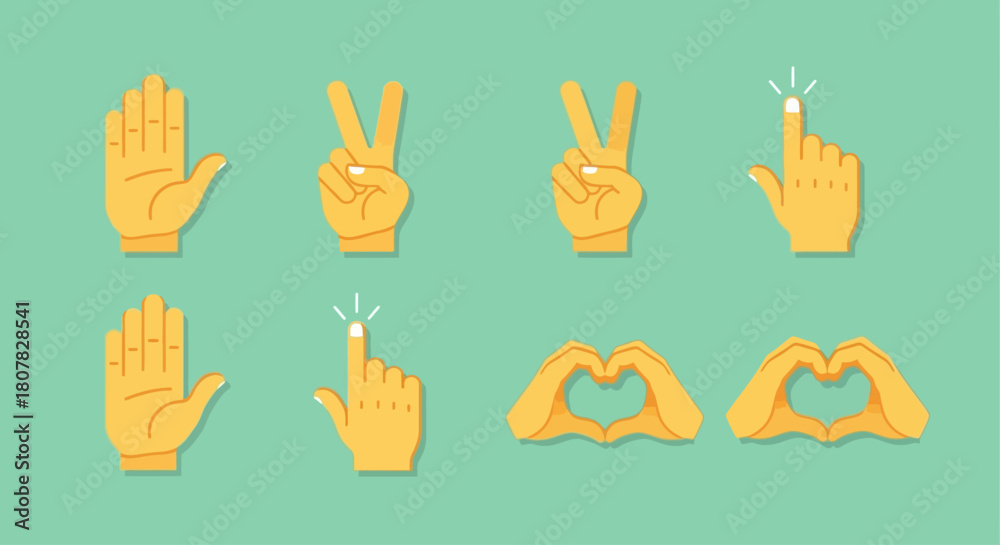 Fototapeta premium A diverse collection of cartoon hand gestures and signs, including love heart, peace symbol, stop palm, and clicking pointer