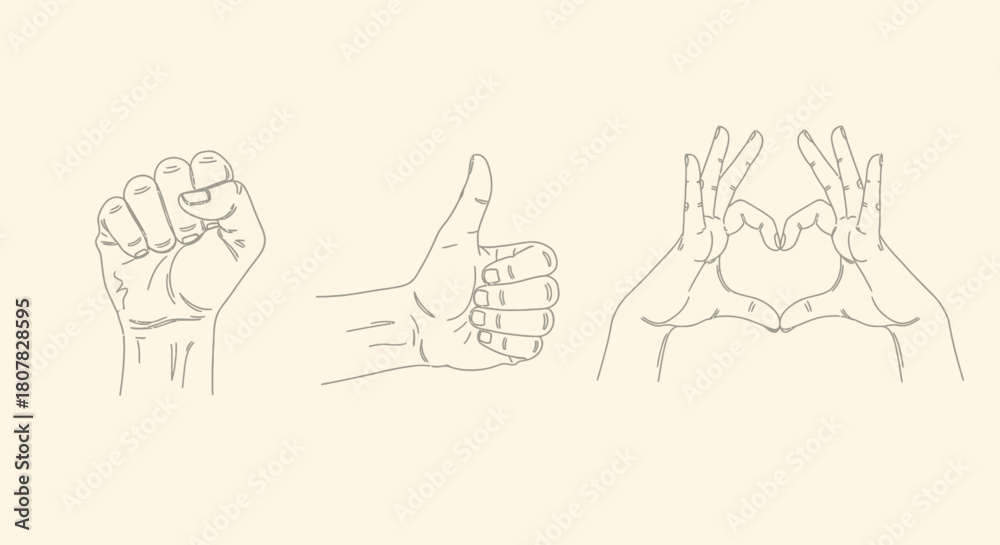 Fototapeta premium A curated set of linear icons depicting universal hand gestures for strength, approval, and affection, showing a fist, thumbs-up, and heart sign