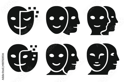 Morphing Face Symbols. Digital avatars and evolving identity. Icon set. Set Logo of Changing Mask: Morphing face symbol. Flat solid, Symmetrical form, Stylized