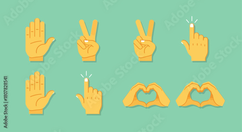 A diverse collection of cartoon hand gestures and signs, including love heart, peace symbol, stop palm, and clicking pointer