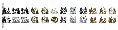 Silhouette patterns of people and trees in various outdoor camping scenarios