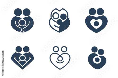 Family Planning Logos. Family Planning. Icon set. Set Logo of Family Planning: couple embracing baby. harmonious logo variations of the same emblematic