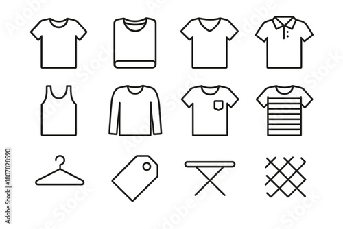 T-Shirt Icon Set. T-shirt. Line icon set of T-shirt: plain T-shirt, folded T-shirt, V-neck T-shirt, polo shirt, tank top, long sleeve shirt, pocket T-shirt,