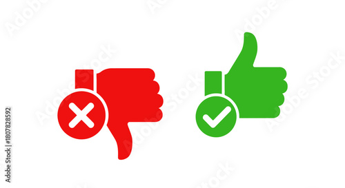 Simple flat icons with a green thumbs up and checkmark for approval, and a red thumbs down with a cross for disapproval, representing like and dislike