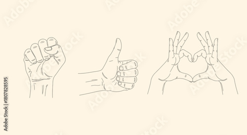 A curated set of linear icons depicting universal hand gestures for strength, approval, and affection, showing a fist, thumbs-up, and heart sign