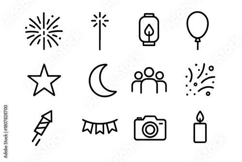 Festival Line Icons. Festival Atmosphere. Line icon set of Festival Atmosphere: tent, lantern, flag string, bonfire, food stall, people crowd, drum, guitar,