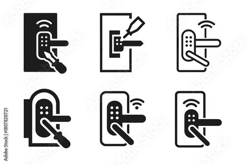 Smart Handle Icons. Replacing door hardware (knob or handle). Icon set. Set Logo of replacing door hardware (knob or handle): smart handle with digital sensor
