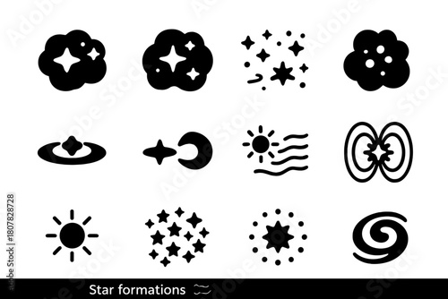 Star Formation Icons. Star formations. Solid icon set of Star formations: nebula cloud, star nursery, interstellar dust, molecular cloud, protostar disk,
