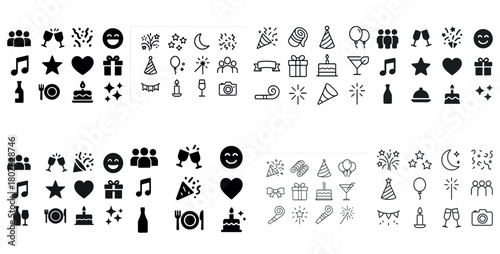 Party celebration icons: music, cake, gifts, smiley faces, balloons, and more