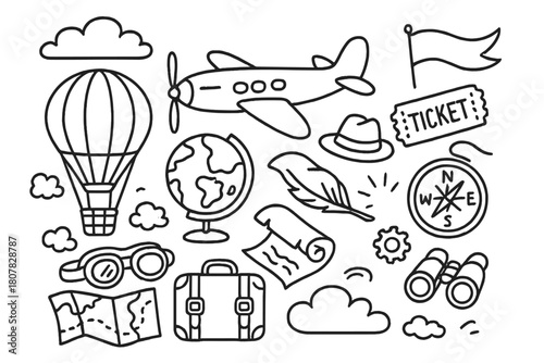 Vintage Aviation Doodles. Vintage air travel. Hand-drawn doodle illustration Vintage air travel hot air balloon, propeller plane, compass, suitcase, globe,
