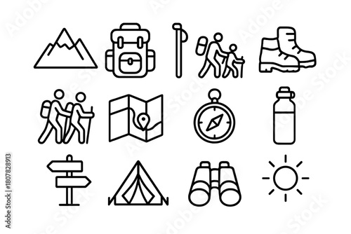Trail Hiking Icons. Trail hiking. Line icon set of Trail hiking: mountain, backpack, walking stick, hiking boots, group of hikers, map, compass, water bottle,