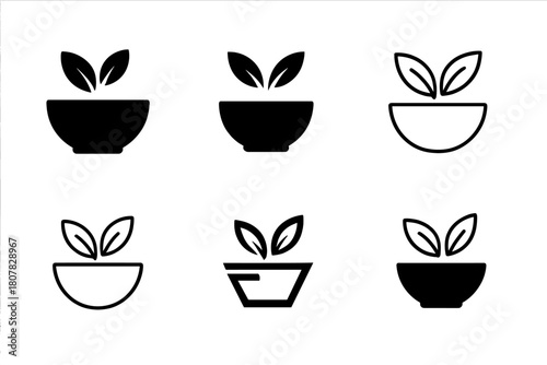 Salad Bowl Icons. Salad bowl. Icon set. Set Logo of salad bowl: bowl with leaves representing freshness and balance. harmonious logo variations of the same