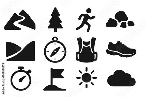 Trail Running Icons. Trail running. Solid icon set of Trail running: mountain path, forest tree, runner, rocks, slope, compass, hydration pack,