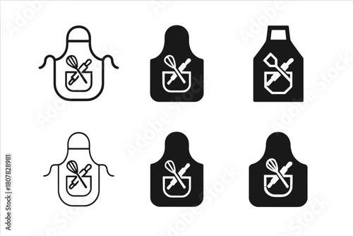 Baker's Apron Icons. Baker?s apron. Icon set. Set Logo of baker?s apron: apron with whisk and rolling pin crossed in pocket. harmonious logo variations of the