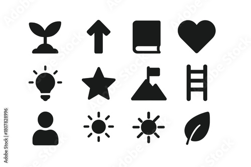 Personal Growth Icons. Personal growth. Solid icon set of personal growth: plant sprout, arrow up, book, heart, lightbulb, star, mountain, flag, ladder,
