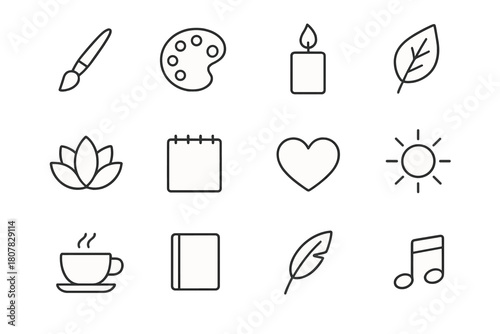 Mindful Icon Set. Mindful creativity. Line icon set of mindful creativity: paintbrush, palette, candle, leaf, lotus flower, sketchbook, heart, sun, tea cup,