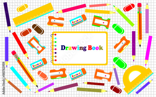 Drawing and coloring supplies icons. Set of drawing tools illustration. School theme for kids education background. Colored drawing tools. Clipart sets of drawing art.