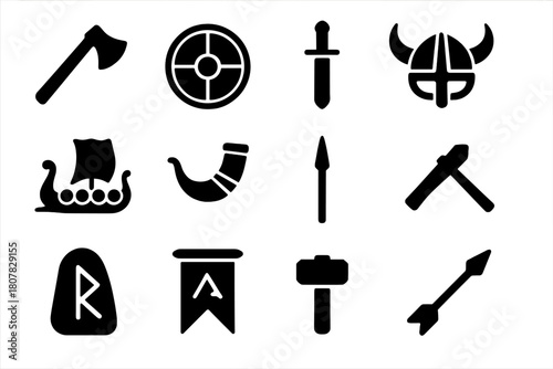 Viking Weapons Icons. Viking weaponry. Solid icon set of viking weaponry: axe, shield, sword, helmet, longship, horn, spear, dagger, rune stone, banner,