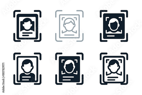 Facial Recognition Icons. Facial recognition. Icon set. Set Logo of facial recognition: ID card with face portrait circle. harmonious logo variations of the