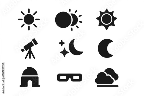 Eclipse Icon Set. Eclipse. Solid icon set of Eclipse: sun, moon, solar corona, shadow, telescope, stars, crescent moon, planet, observatory, eclipse glasses,