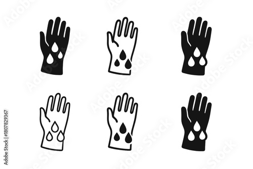 Rubber Glove Icons. Rubber Gloves. Icon set. Set Logo of Rubber Gloves: Glove with water droplets. harmonious logo variations of the same emblematic concept
