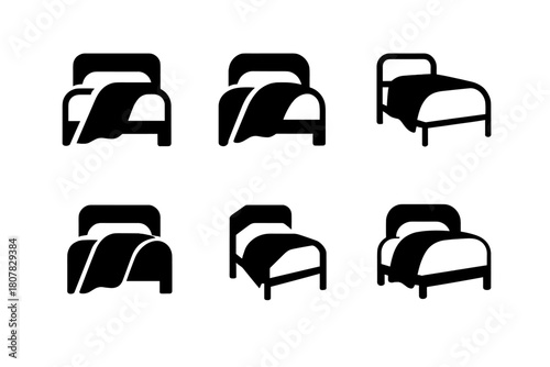Linen Transformation Icons. Transforming a bedroom with new linens. Icon set. Set Logo of transforming a bedroom with new linens: blanket draped over bed.