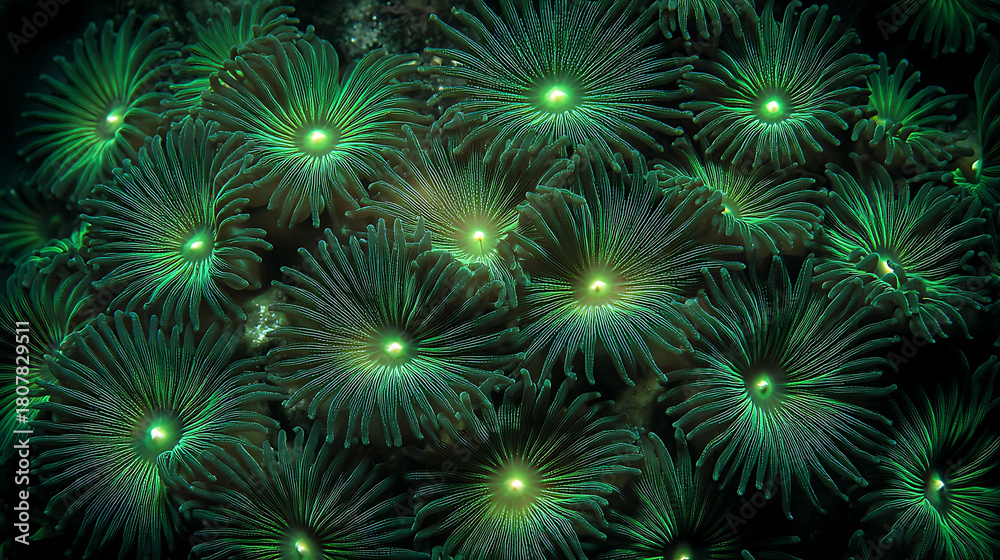 Fototapeta premium Dense clusters of fluorescent green star coral