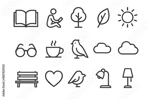 Peaceful Reading Icons. Peaceful Reading. Line icon set of Peaceful Reading: open book, person sitting, tree, leaf, sun, glasses, coffee cup, bird, cloud,