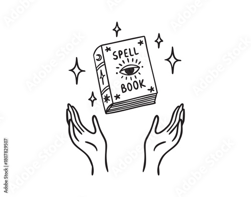 Two hands holding a spellbook, open, mystical, monochrome line art hand drawn style