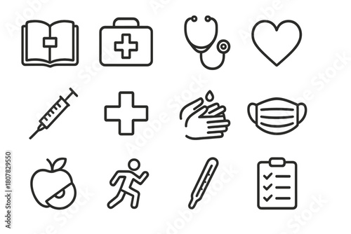 Health Education Icons. Health education icons. Line icon set of Health education icons: health book, first aid kit, stethoscope, heart, syringe, medical